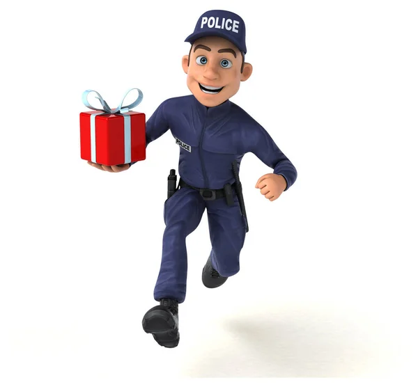 一个带着礼物的卡通警察的有趣3D图片 — 图库照片