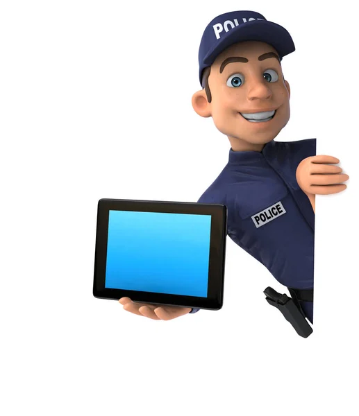 Ilustração Divertida Policial Desenhos Animados Com Tablet — Fotografia de Stock