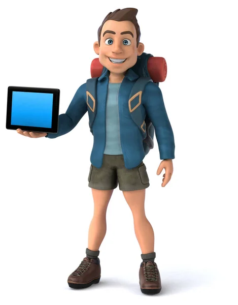 Fun Illustration Cartoon Backpacker Tablet — Stock Photo, Image