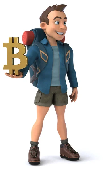 Lustige Illustration Eines Cartoon Backpacker Mit Bitcoin — Stockfoto