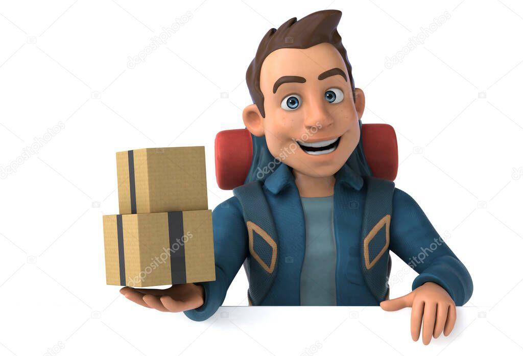Fun illustration of a 3D cartoon backpacker with  boxes