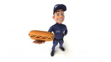 Çizgi film karakteri bir polis memurunun sosisli sandviçi ile üç boyutlu eğlenceli animasyonu.