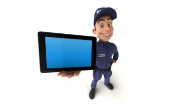 Tabletli bir polis memurunun 3 boyutlu eğlenceli animasyonu. 