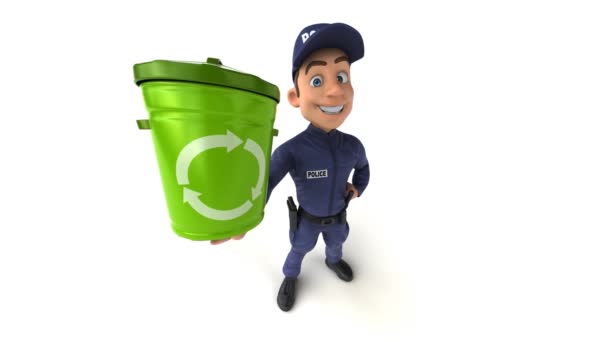 Fun Animation Cartoon Police Officer Recycle Bin — Stock Video