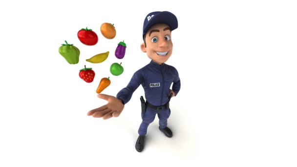 Lustige Animation Eines Cartoon Polizisten Mit Obst Und Gemüse — Stockvideo