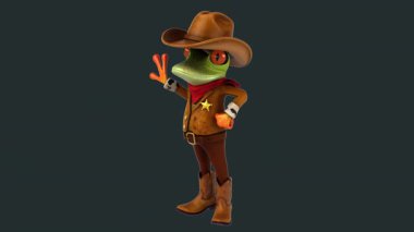 Komik 3 boyutlu çizgi film kurbağası kovboy şapkasıyla el sallıyor. 