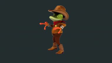 Üç boyutlu komik kurbağa kovboy şapkası takmış, dans ediyor ve yan bakıyor.