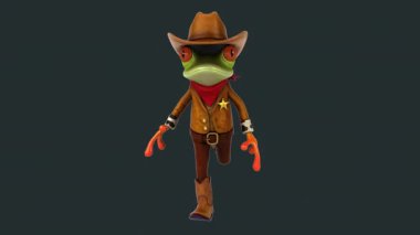 Kameraya koşan kovboy şapkalı üç boyutlu komik kurbağa.