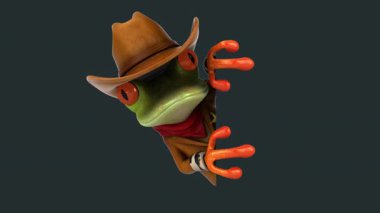 Üç boyutlu komik kurbağa kovboy şapkalı, kameraya bakıyor. 