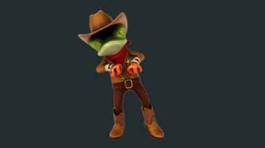 Komik 3 boyutlu kurbağa kovboy şapkası takmış kamera önünde dans ediyor.