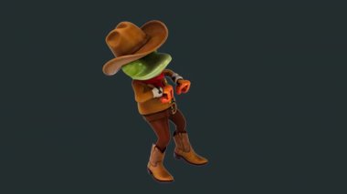 Komik 3 boyutlu çizgi film kurbağası kovboy şapkası takmış, arka planda dans ediyor. 