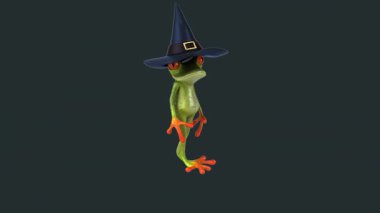 Eğlenceli üç boyutlu çizgi film karakteri. Cadı Şapkalı Şirin Kurbağa Yürüyüşü 