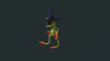 Eğlenceli üç boyutlu çizgi film karakteri. Cadı Şapkalı Şirin Dans Eden Kurbağa 