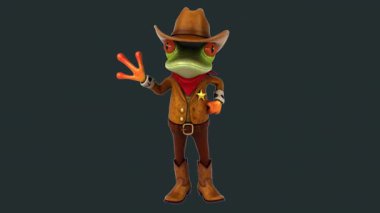 Komik 3 boyutlu çizgi film kurbağası kovboy şapkasıyla el sallıyor.