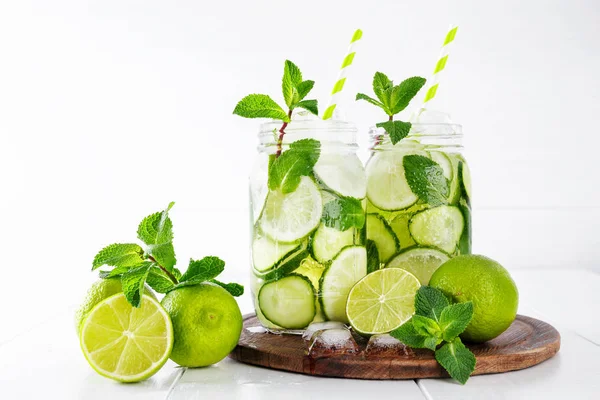 Two Jars Fruit Herb Infused Water Cucumber Lime Mint Ice — Stock Photo, Image