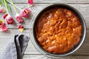 Lezzetli elmalı turta charlotte soğuduktan ahşap bir masa mutfak formunda kokulu fırından yeni çıkmış. Vegan elmalı turta yumurta, tereyağı, üstten görünüm, olmadan olmadan düz yatıyordu