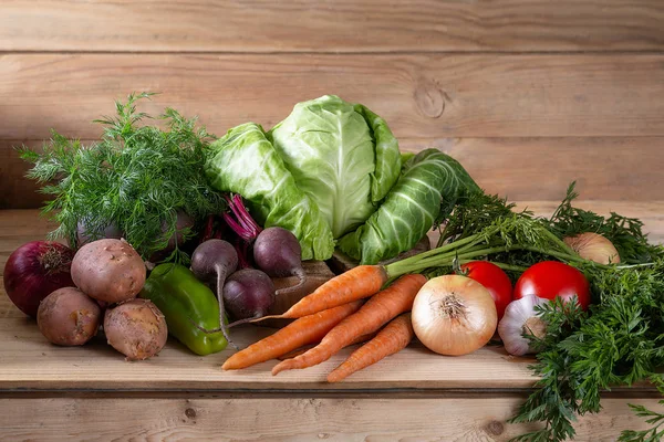 Montón Verduras Orgánicas Frescas Mesa Madera Surtido Verduras Para Cocinar —  Fotos de Stock