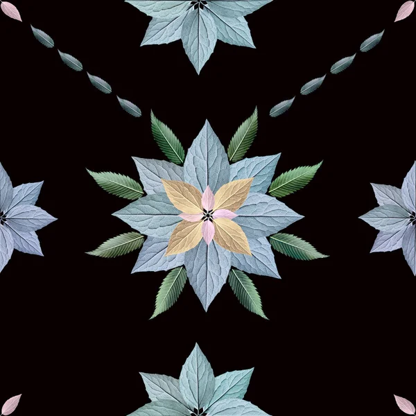 Geometrisches Türkis Blättermuster Nahtlos Auf Schwarzem Hintergrund — Stockfoto