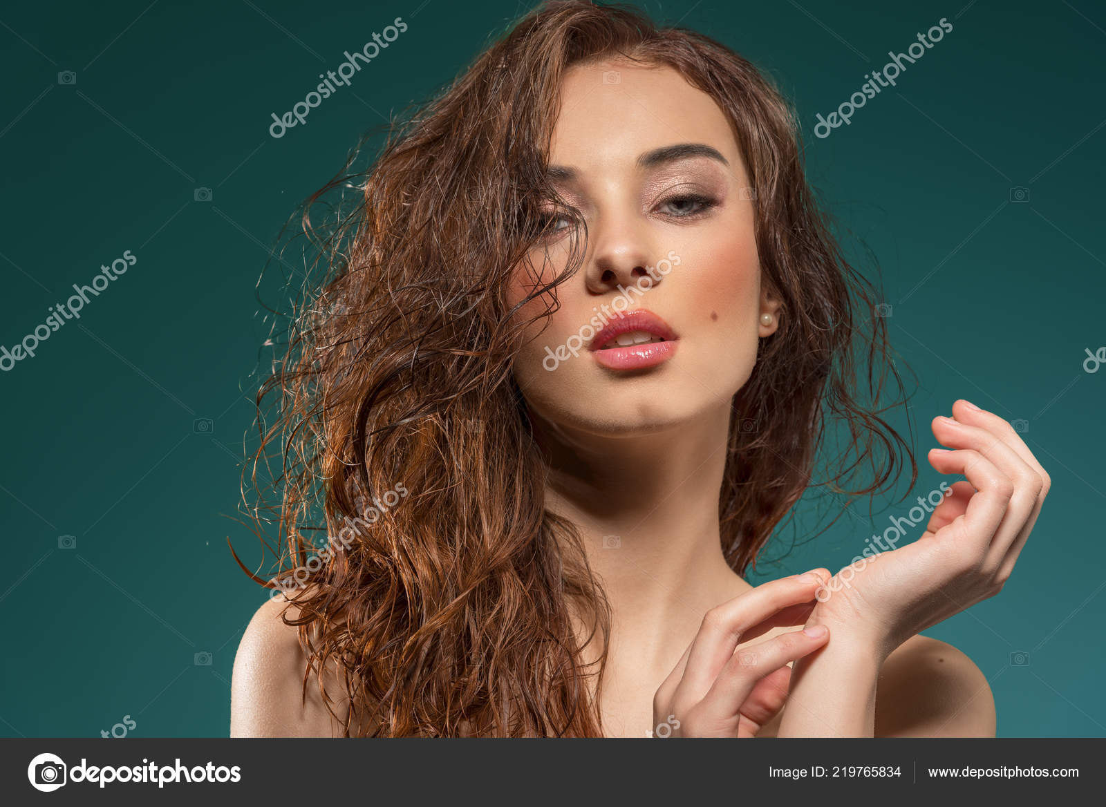 Sensual Brunette Woman Close Portrait Natural Long Wavy Hair Style