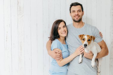 Genç çiftin aile portresi birbirinize sarılın ve favori onların evde beslenen hayvan tutun, gladfully kameraya gülümse. Güzel esmer kadın kocası kucaklayan, beyaz arka planı birlikte poz