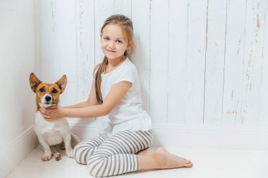 Güzel küçük kadın çocuk köpeğini beyaz odada çalış, yere otur, iyi ilişki, kucaklamaları favori Evcil hayvan var. Liseli kızlar hayvanlara bayılır, evde boş zaman harcıyor. Çocukluk