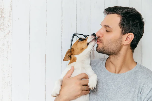 Yakışıklı erkek yatay atış yan duruyor, onun jack russell terrier köpek öper, poz tohether Beyaz ahşap arka plan boş kopya alanı ile iyi ilişki. Hayvanlar kavramı