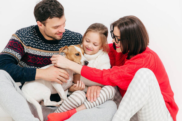 Фото дружелюбной семьи обнимают друг друга и льстят своей собаке, веселятся, позируют вместе на белом фоне. Маленькая девочка, ее отец, мать и домашнее животное. Дружба и отношения
