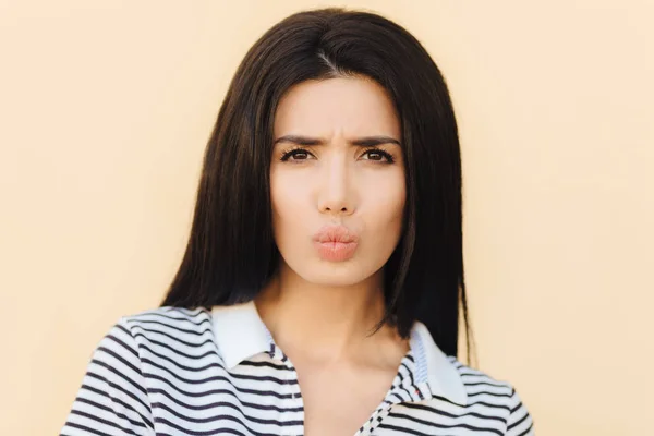 People Beauty Facial Expressions Concept Discontent Brunette Cute Woman Pouts — Stock Photo, Image