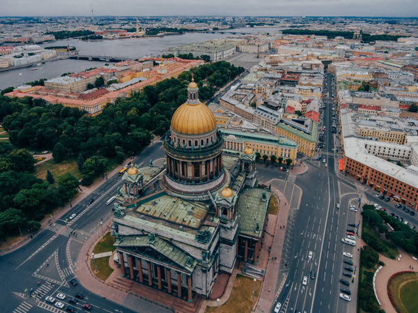 Famous Cathedral in St Petersburg on Isaac Square. Aerial view. Sights for tourists. Russian monuments and places of interest