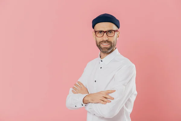 Positive Male Entrepreneur Self Confident Satisfied Facial Expression Keeps Hands — Stock Photo, Image