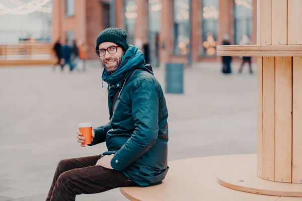 Horizontal View Cheerful European Man Thick Bristle Wears Hat Jacket — Stock Photo, Image