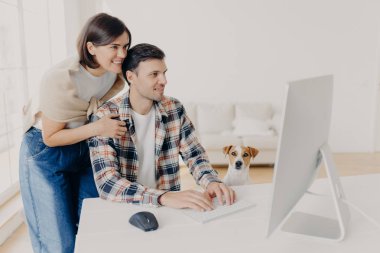 Genç, mutlu kadınları önemseyen, kocalarının omuzlarına yaslanan, onun için endişelenen, bilgisayar monitörüne, klavyeye ve internete odaklanan, modern apartmandaki iş yerinde poz veren, küçük köpek yanına oturan...