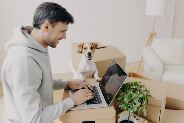 Sideways shot of man dressed in sweatshirt, purchases new furniture for apartment, surrounded with carton boxes, seatches home decoration ideas, his pet tries to look at display. Sweet home concept — Stock Photo, Image