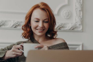 Güzel kızıl saçlı kadının yatay görüntüsü dizüstü bilgisayarda webinar eğitimi izliyor, ferahlatıcı içecekler içiyor, proje bilgilerini tarıyor, evden çalışıyor, sosyal ağlarda fotoğraflarını paylaşıyor.