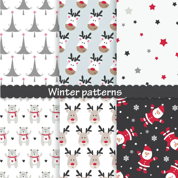 Nahtlose Wintermuster Mit Niedlichen Bären Hirschen Weihnachtsmännern Tannen Und Sternen — Stockvektor