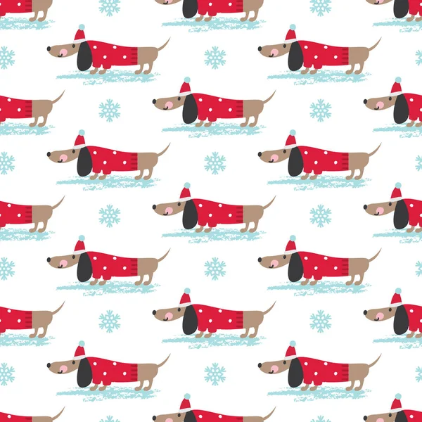 Zima Bez Szwu Wzór Ładny Śmieszne Psy Płatki Śniegu Ilustracja — Wektor stockowy