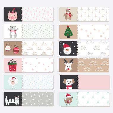 Komik hayvanlar, köknar, toplar ve hediye ile sevimli kış çıkartmaları kümesi