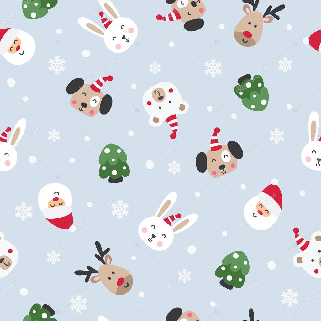 Winter seamless pattern with Santa and cute animals - reindeers, rabbits, bears and pine