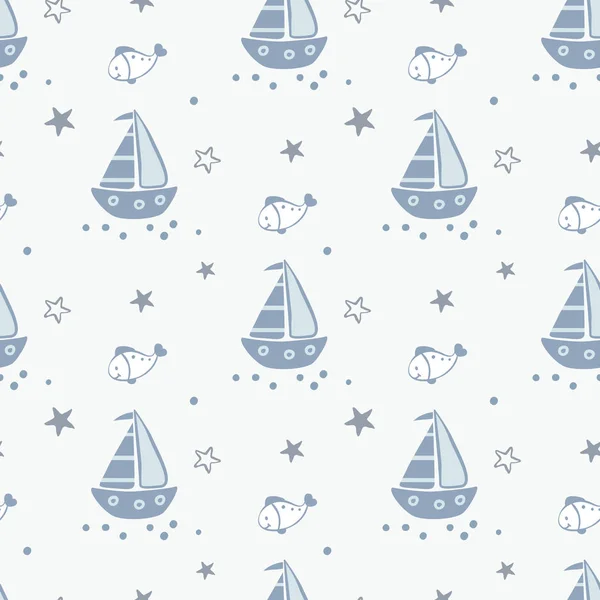 Doodle Marine Seamless Pattern Sailing Ships Fish Sea Stars Polka — Stock Vector