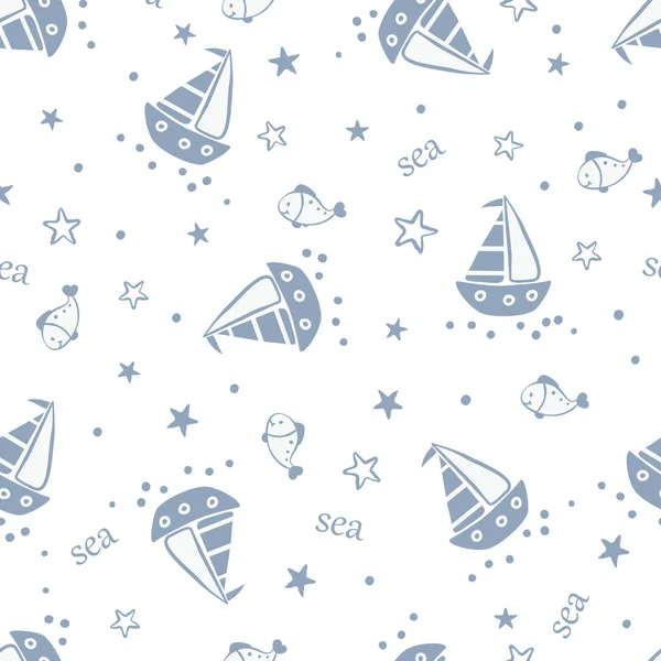 Doodle Marine Seamless Pattern Sailing Ships Fish Sea Stars Polka — Stock Vector