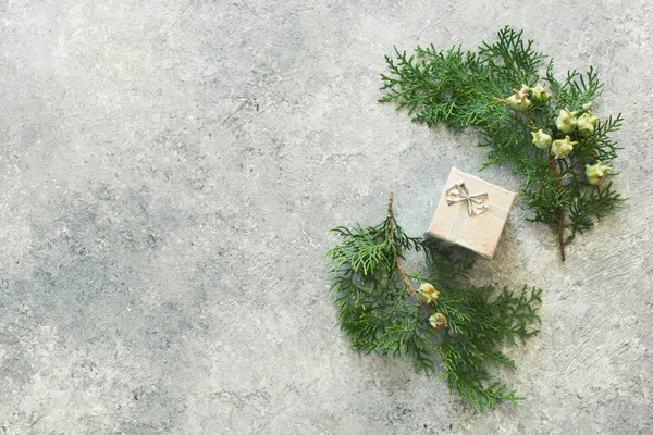 Christmas Stone Background Evergreen Twigs Cypress Gift Box Flat Lay — Stock Photo, Image