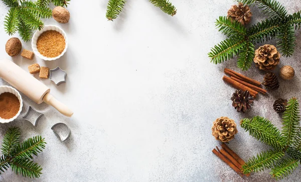 Natal Ano Novo Fundo Com Ingredientes Cozimento Cones Galhos Abeto — Fotografia de Stock