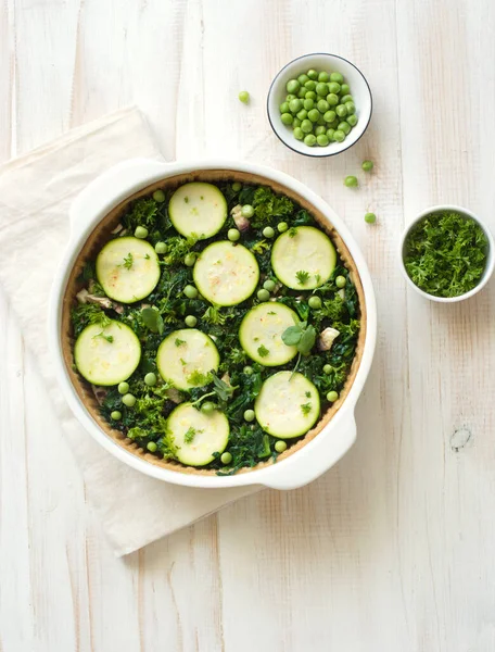 Homemade Zucchini Greens Cheese Rustic Pie Quiche Preparation Flat Lay — Stock Photo, Image