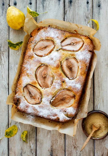 Homemade Pears Cake Natural Wooden Background Flat Lay — Stock Photo, Image