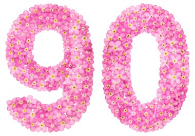 Arapça rakamı 90, pembe unutma çiçekler, beyaz arka plan üzerinde izole üzerinden doksan