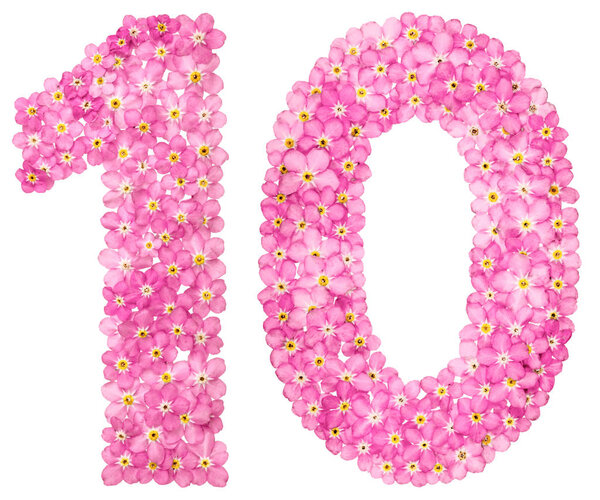 Arabic numeral 10, ten, from pink forget-me-not flowers, isolated on white background