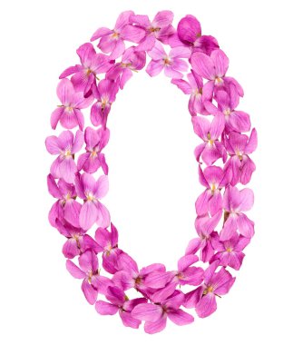 Arapça rakamı 0, sıfır, Viyola, beyaz arka plan üzerinde izole çiçekleri gelen