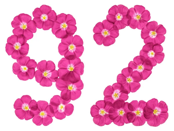 Arabiska Siffror Nittio Två Från Rosa Blommor Lin Isolerad Vit — Stockfoto