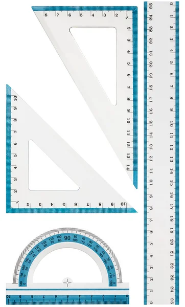 Ensemble Outils Dessin Règle Triangle Rapporteur Isolé Sur Fond Blanc — Photo