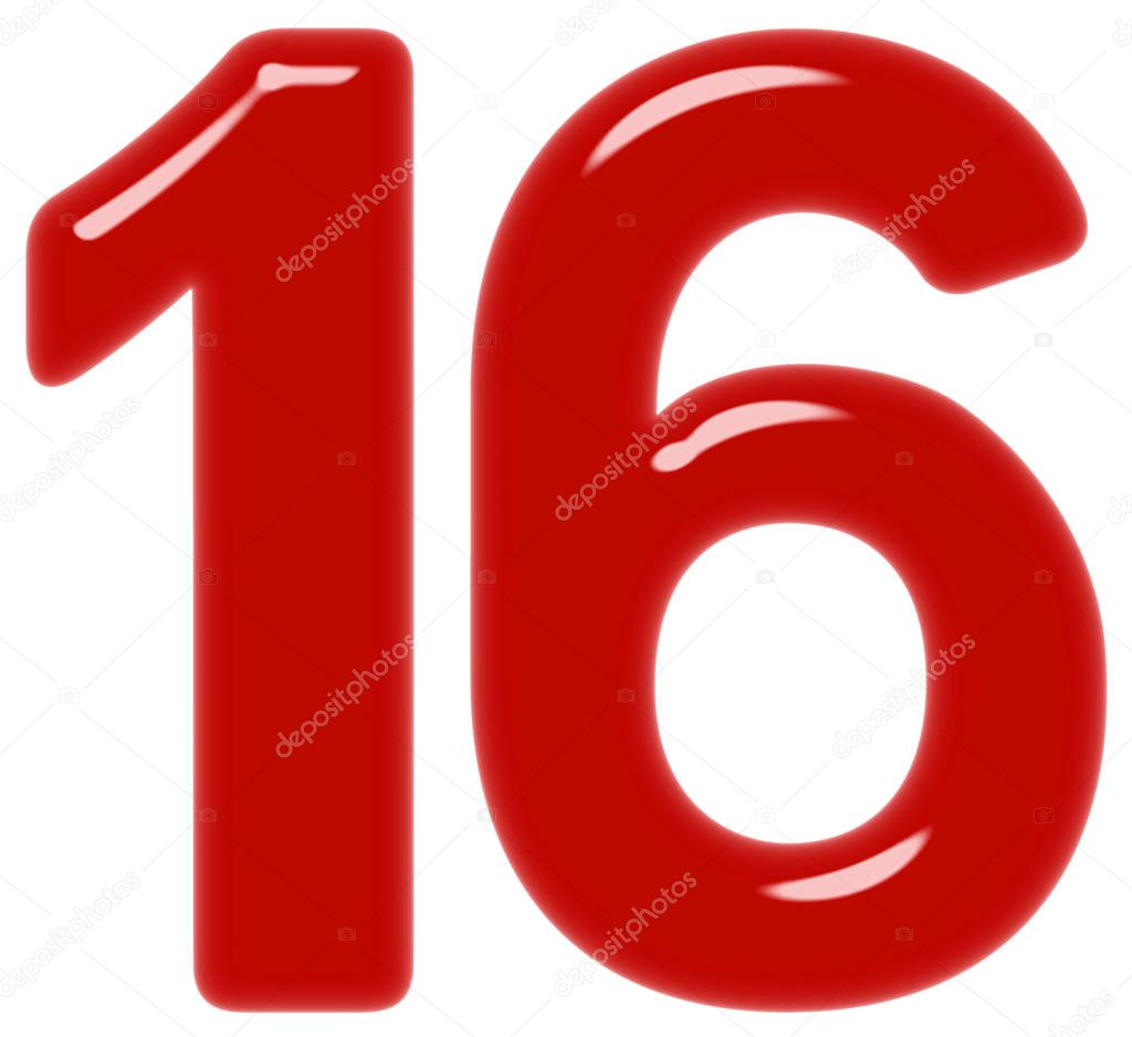Numeral 16, sixteen, isolated on white background, 3d render